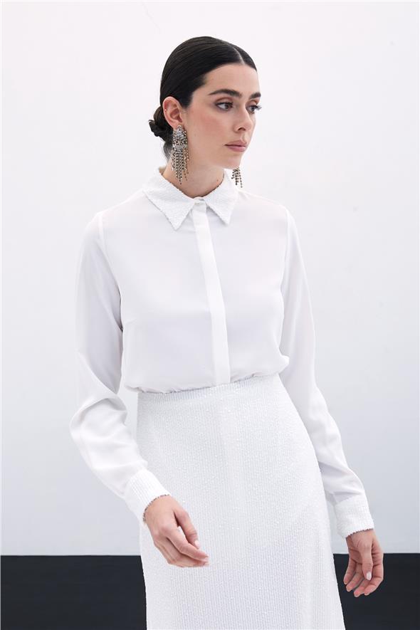 Payet Detaylı Klasik Gömlek - Ekru