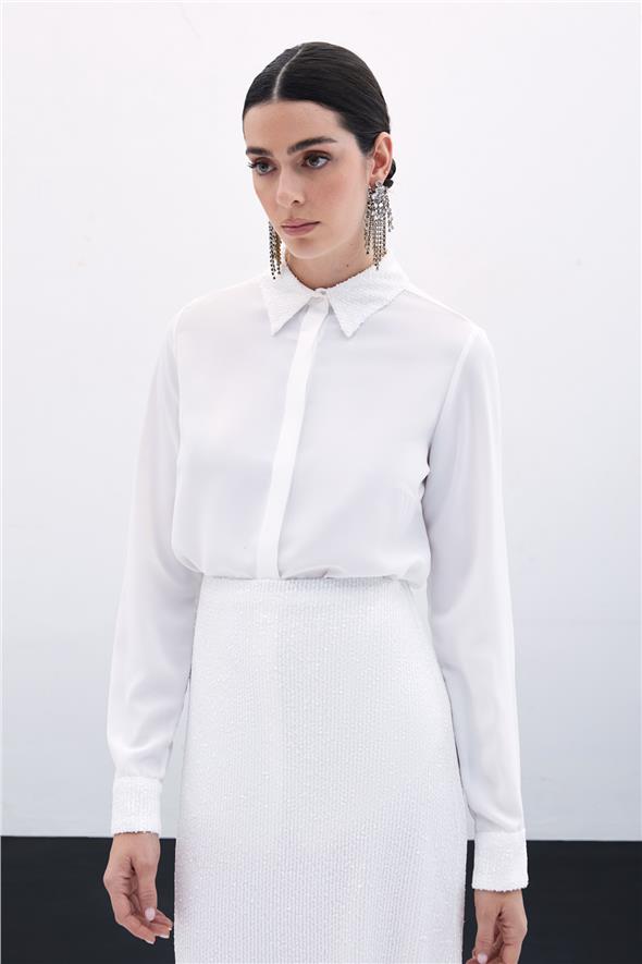 Payet Detaylı Klasik Gömlek - Ekru