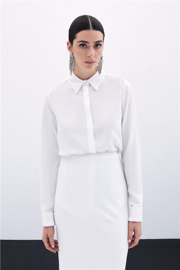 Payet Detaylı Klasik Gömlek - Ekru