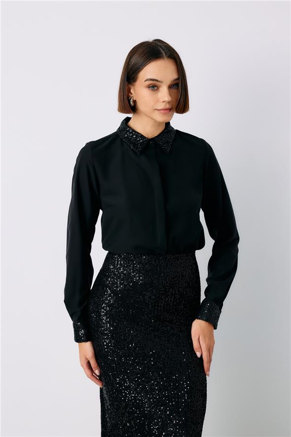 Payet Detaylı Klasik Gömlek - Siyah