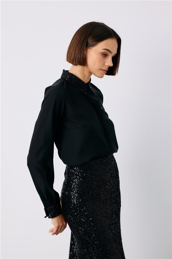 Payet Detaylı Klasik Gömlek - Siyah