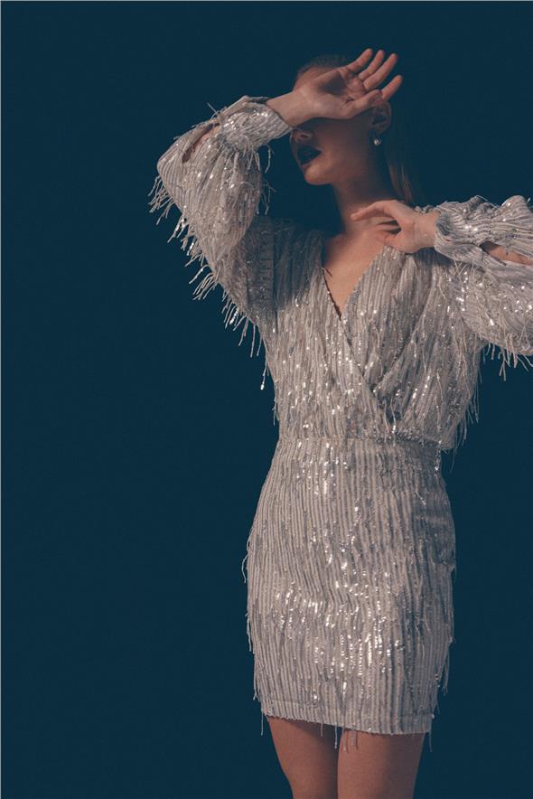 Payet Detaylı Mini Etek - Gümüş