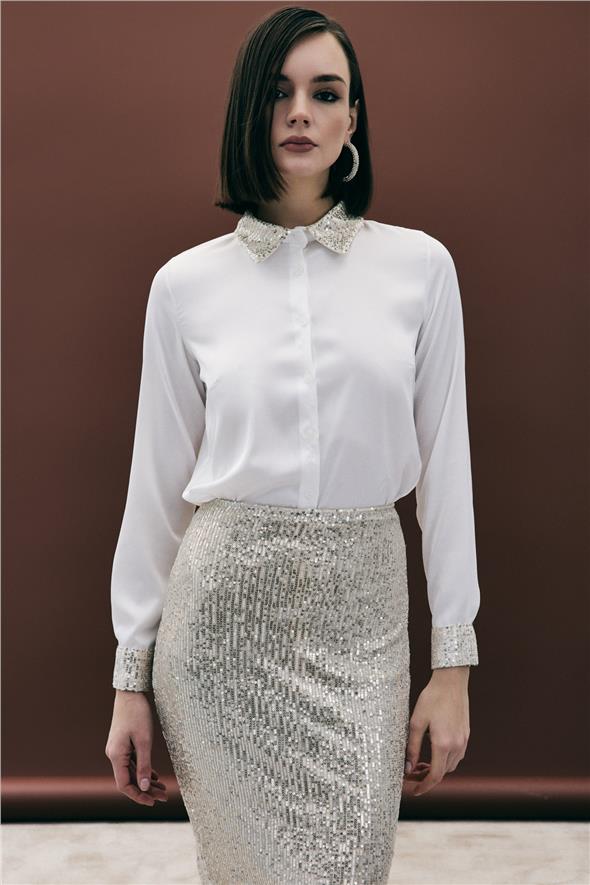 Payet Detaylı Saten Gömlek - Bej