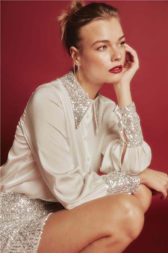 Payet Detaylı Saten Gömlek - EKRU