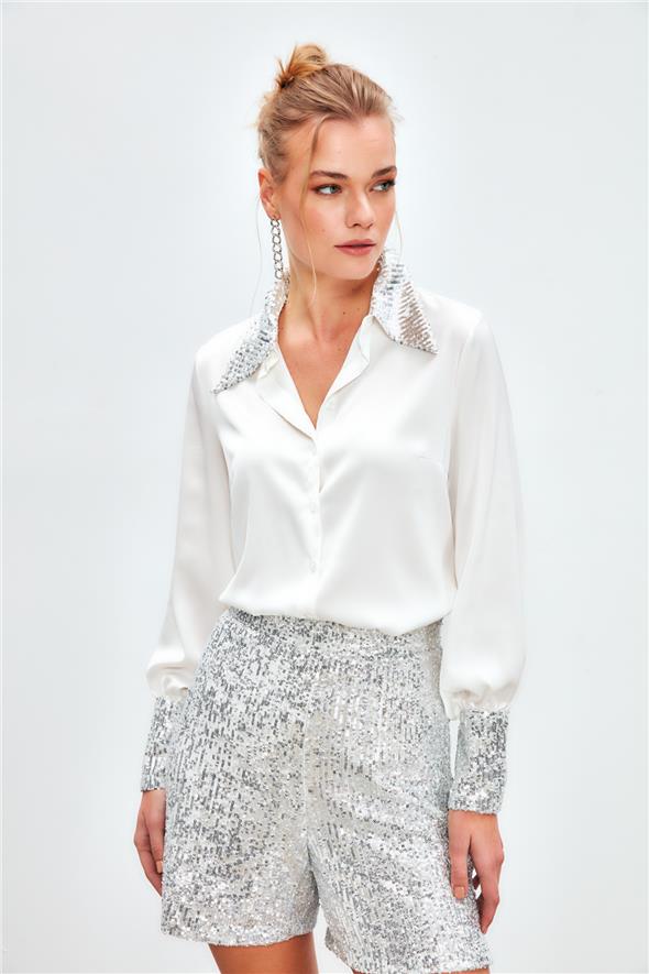 Payet Detaylı Saten Gömlek - EKRU