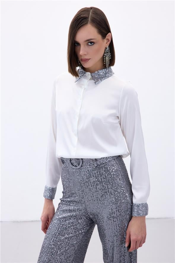 Payet Detaylı Saten Gömlek - Gri