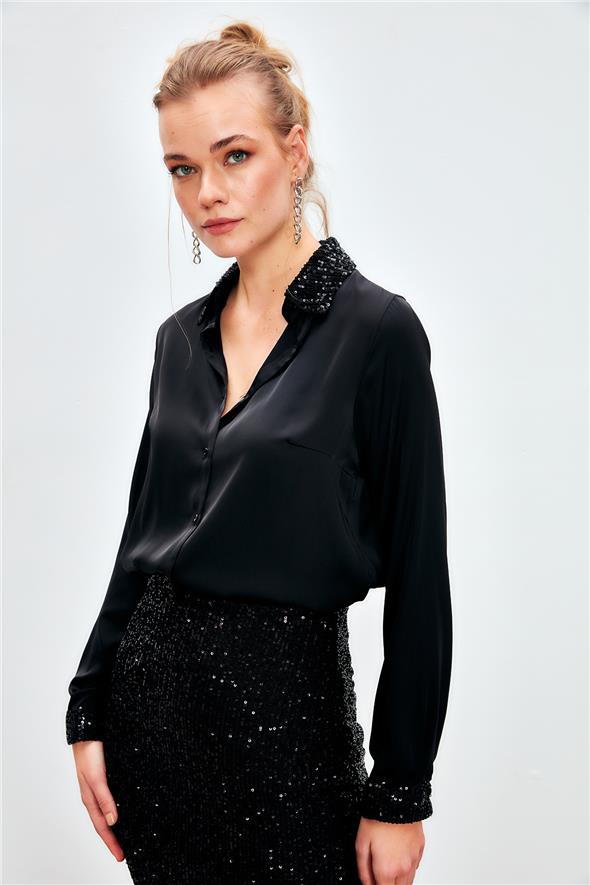 Payet Detaylı Saten Gömlek - SİYAH