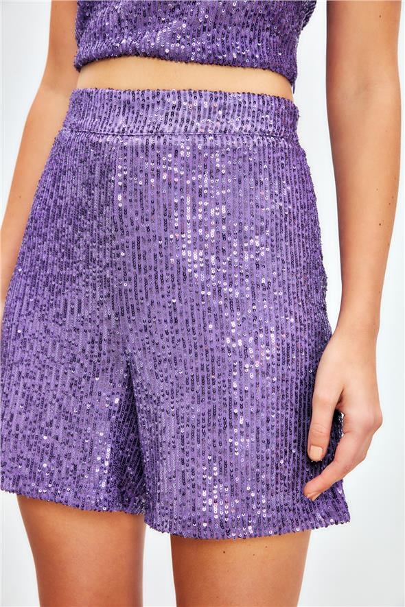Payet Detaylı Şort - Mor