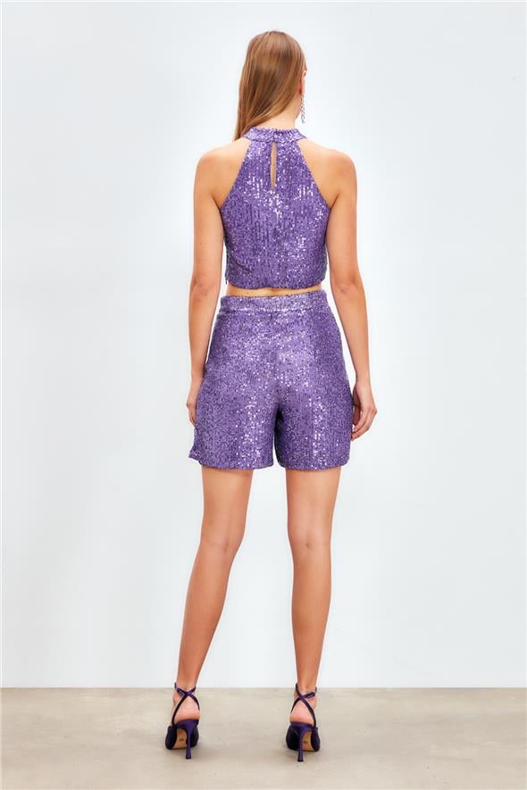 Payet Detaylı Şort - Mor