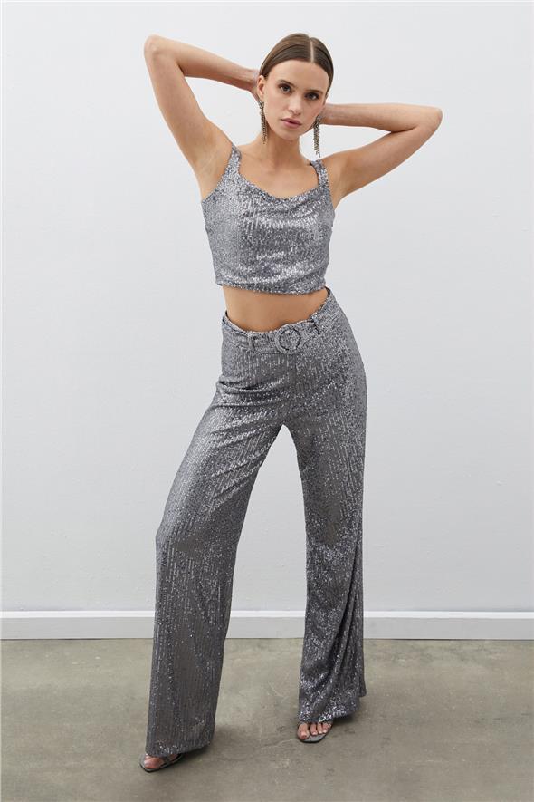 Payetli Crop Bluz - Gümüş