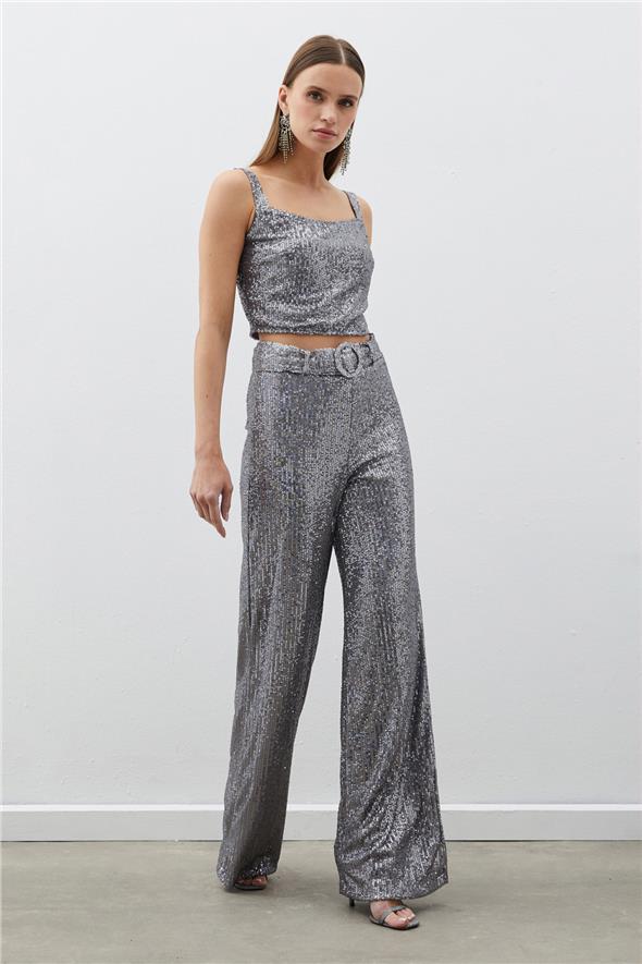 Payetli Crop Bluz - Gümüş