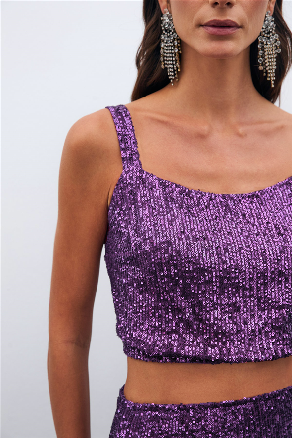 Payetli Crop Bluz - Mor