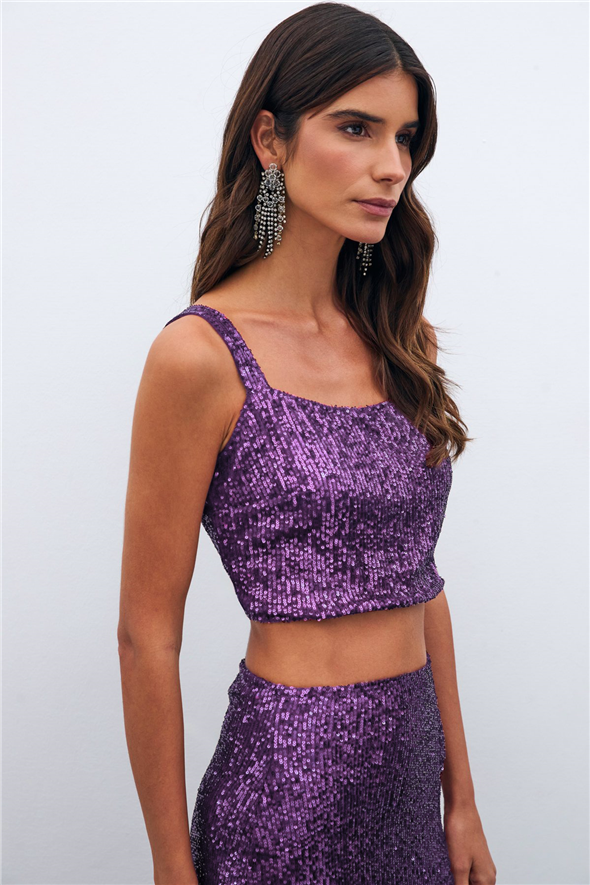 Payetli Crop Bluz - Mor