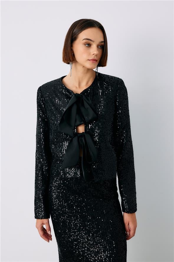 Payetli Kısa Ceket - Siyah