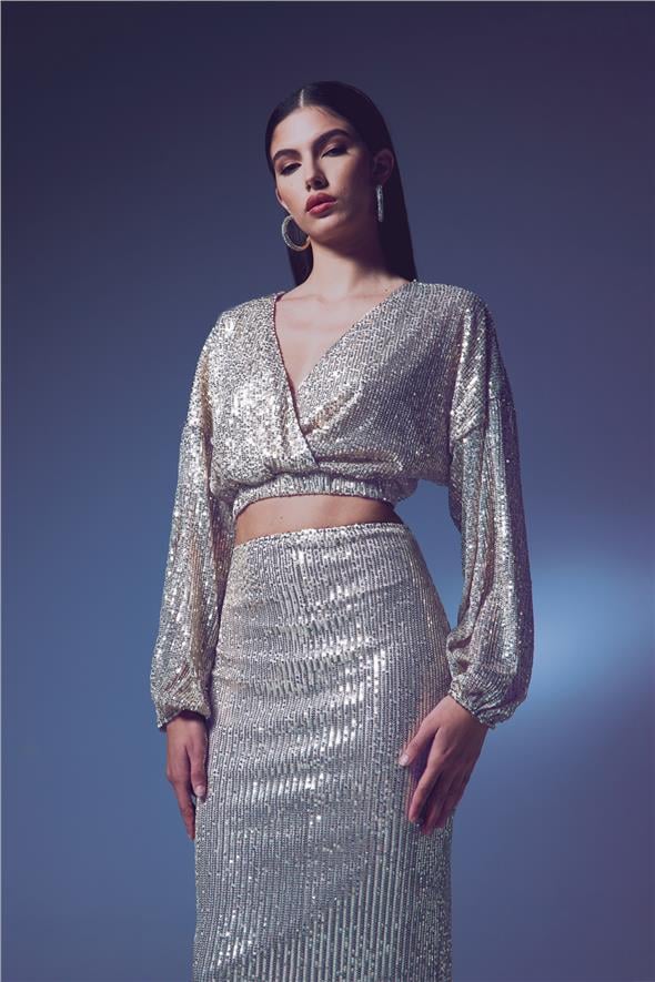 Payetli Kruvaze Bluz - Bej