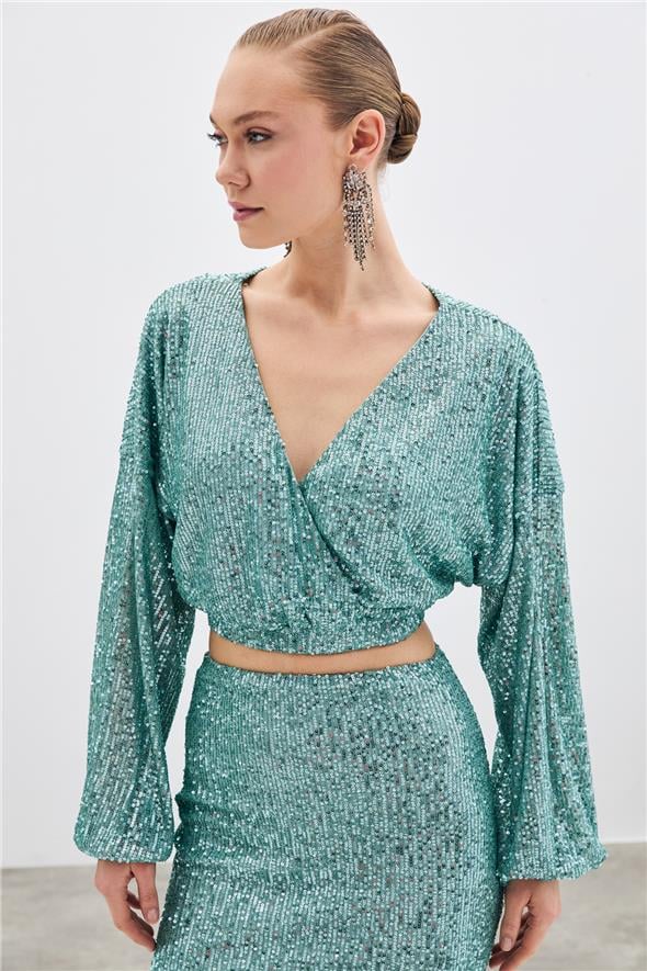 Payetli Kruvaze Bluz - Mint