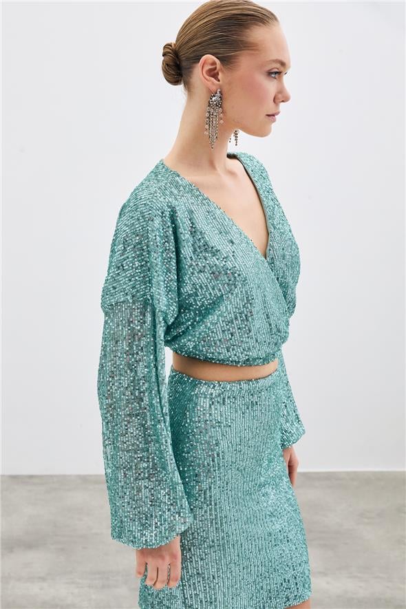 Payetli Kruvaze Bluz - Mint