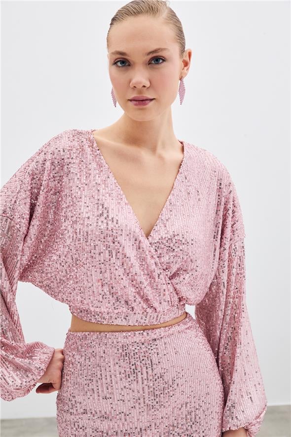 Payetli Kruvaze Bluz - Pudra