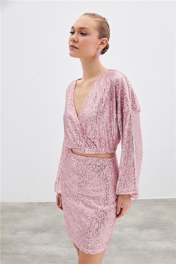 Payetli Kruvaze Bluz - Pudra