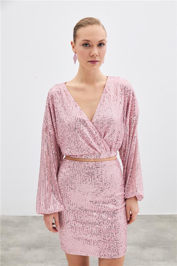 Payetli Kruvaze Bluz - Pudra