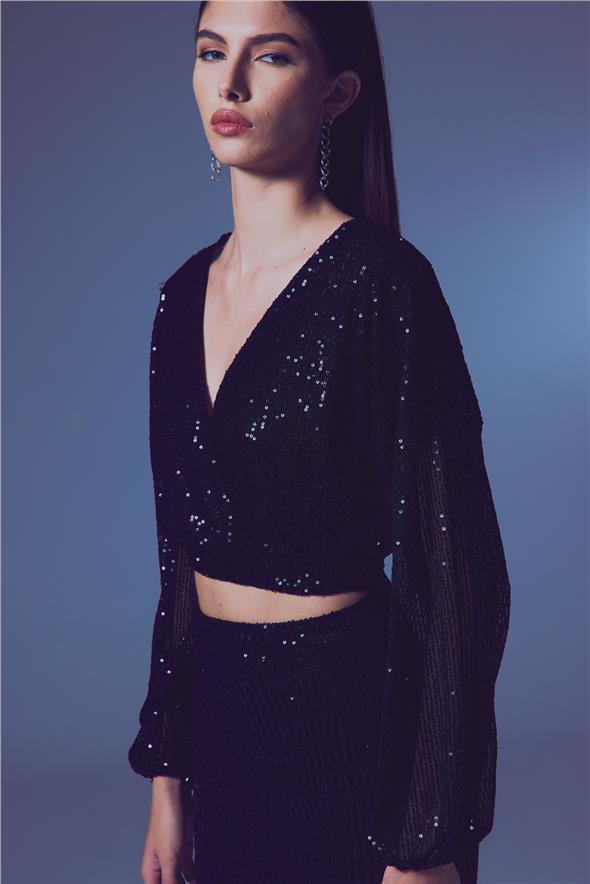 Payetli Kruvaze Bluz - Siyah