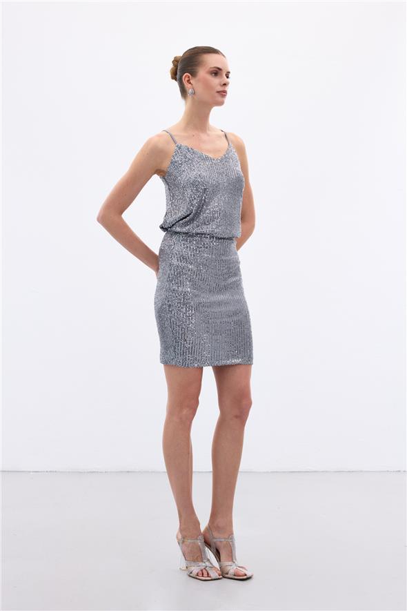 Payetli Mini Etek - Gri