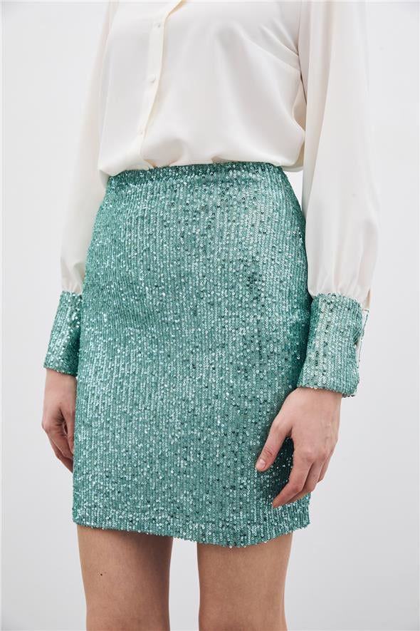 Payetli Mini Etek - Mint