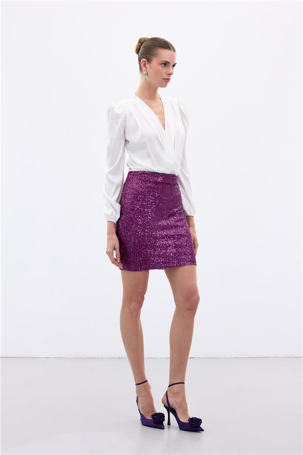 Payetli Mini Etek - Mürdüm