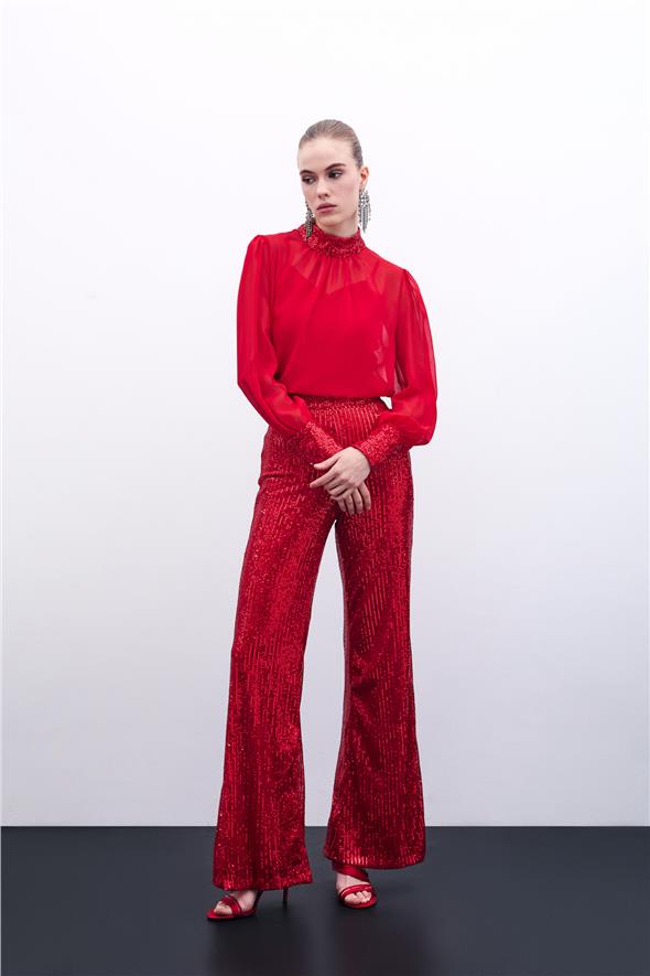 Payetli Salaş Pantolon - Kırmızı