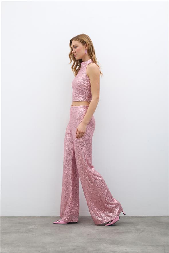 Payetli Salaş Pantolon - Pudra