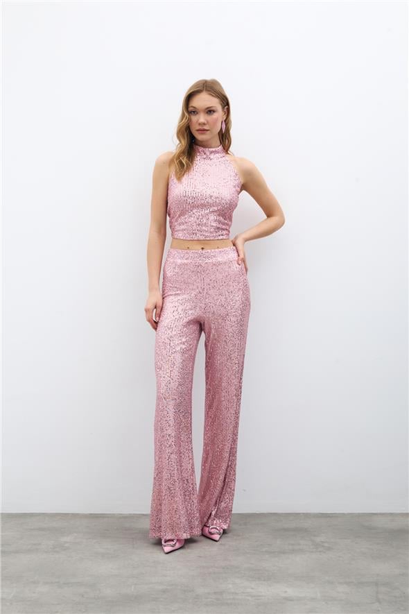 Payetli Salaş Pantolon - Pudra