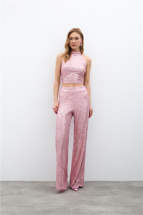 Payetli Salaş Pantolon - Pudra