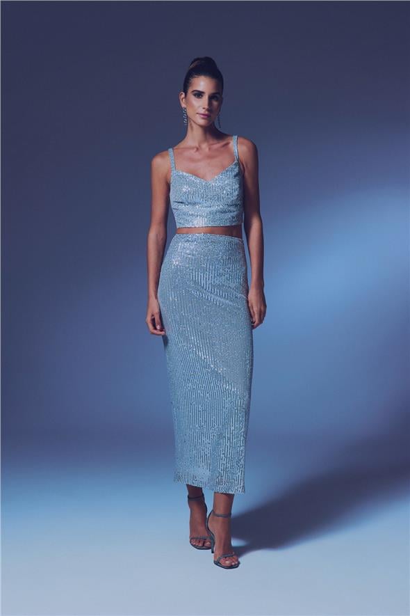 Fermuarlı Karolin Midi Etek - Gümüş