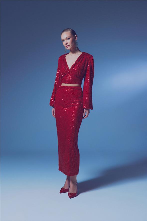 Fermuarlı Karolin Midi Etek - Kırmızı