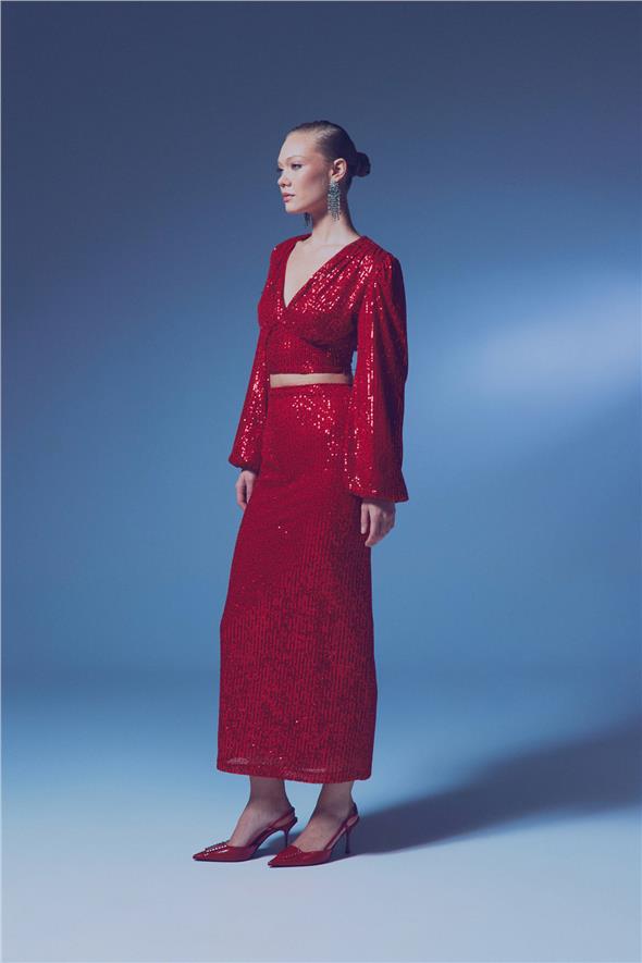 Fermuarlı Karolin Midi Etek - Kırmızı