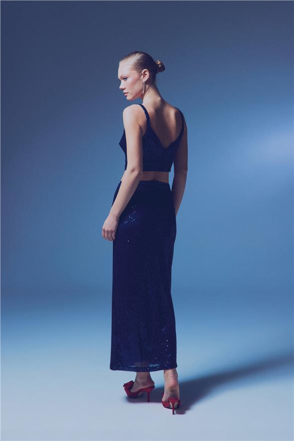 Fermuarlı Karolin Midi Etek - Lacivert