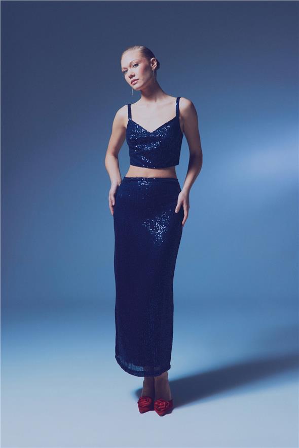 Fermuarlı Karolin Midi Etek - Lacivert