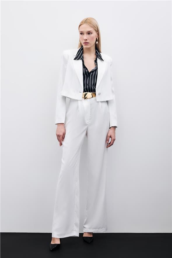 Pileli Krep Pantolon - Ekru