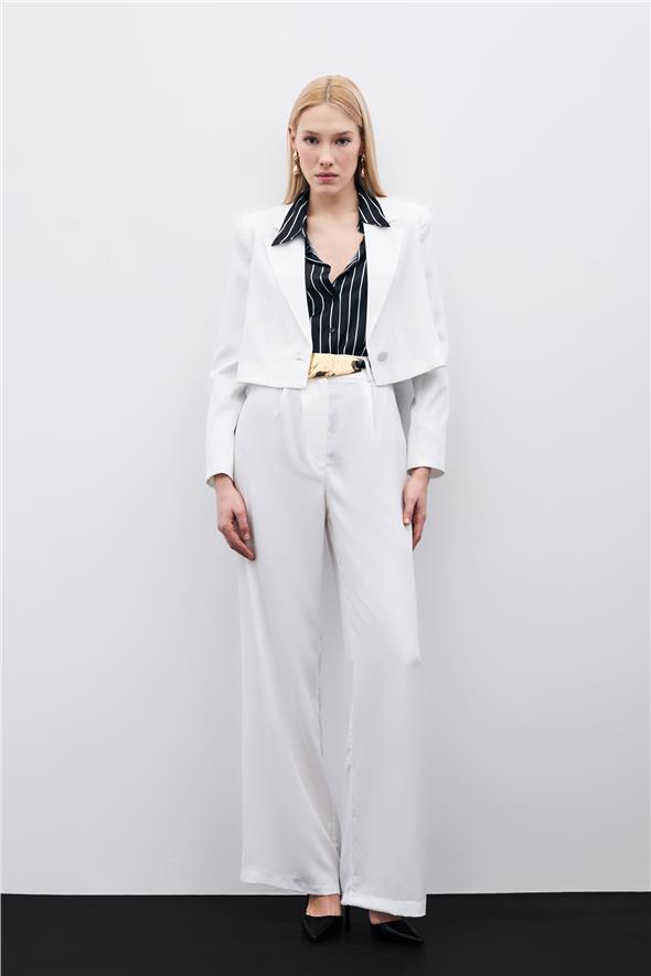 Pileli Krep Pantolon - Ekru