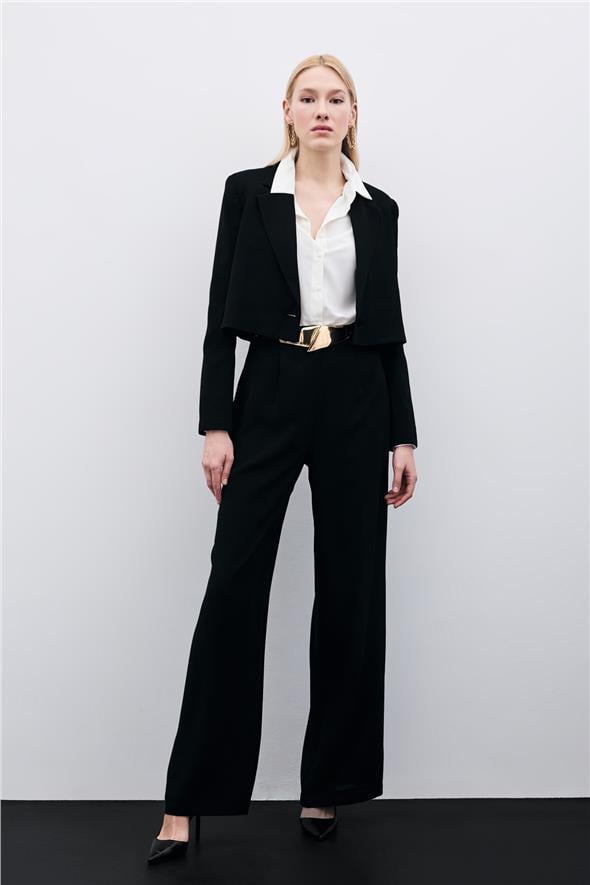 Pileli Krep Pantolon - Siyah