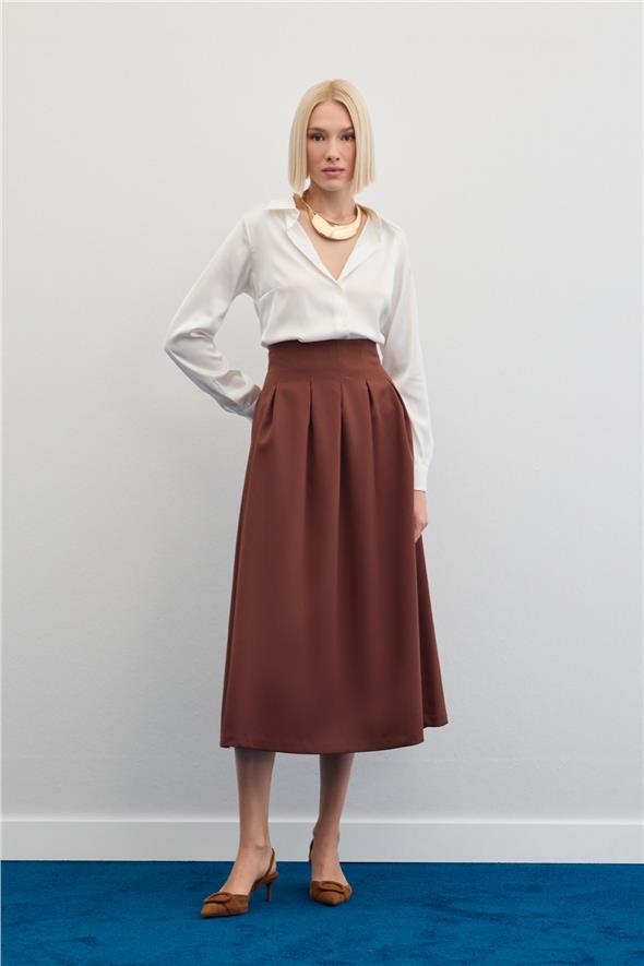 Pileli Midi Etek - Kahve
