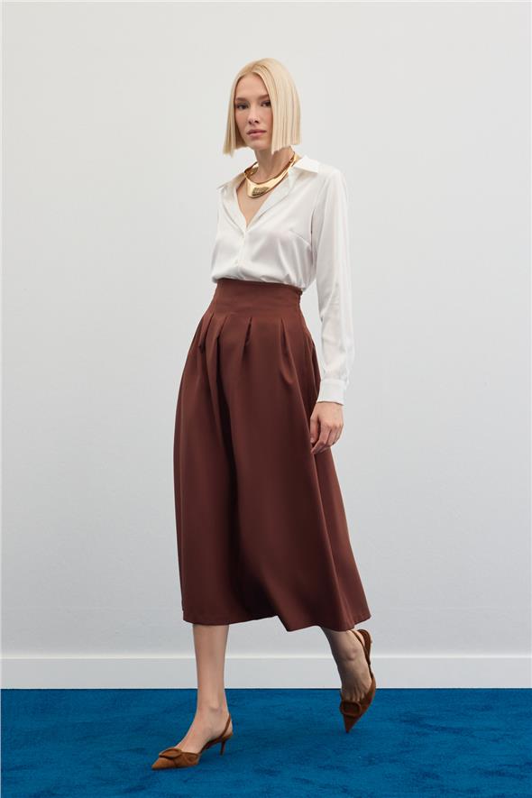 Pileli Midi Etek - Kahve