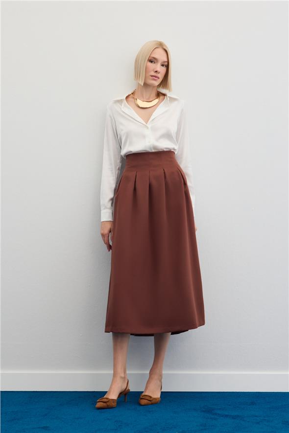 Pileli Midi Etek - Kahve
