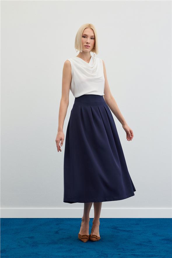 Pileli Midi Etek - Lacivert