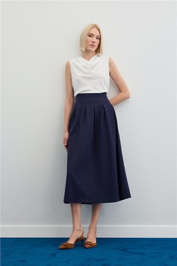 Pileli Midi Etek - Lacivert