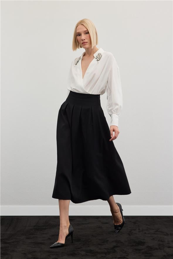 Pileli Midi Etek - Siyah