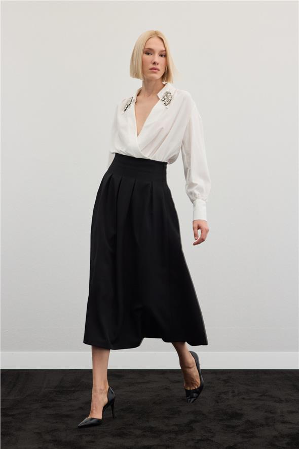 Pileli Midi Etek - Siyah