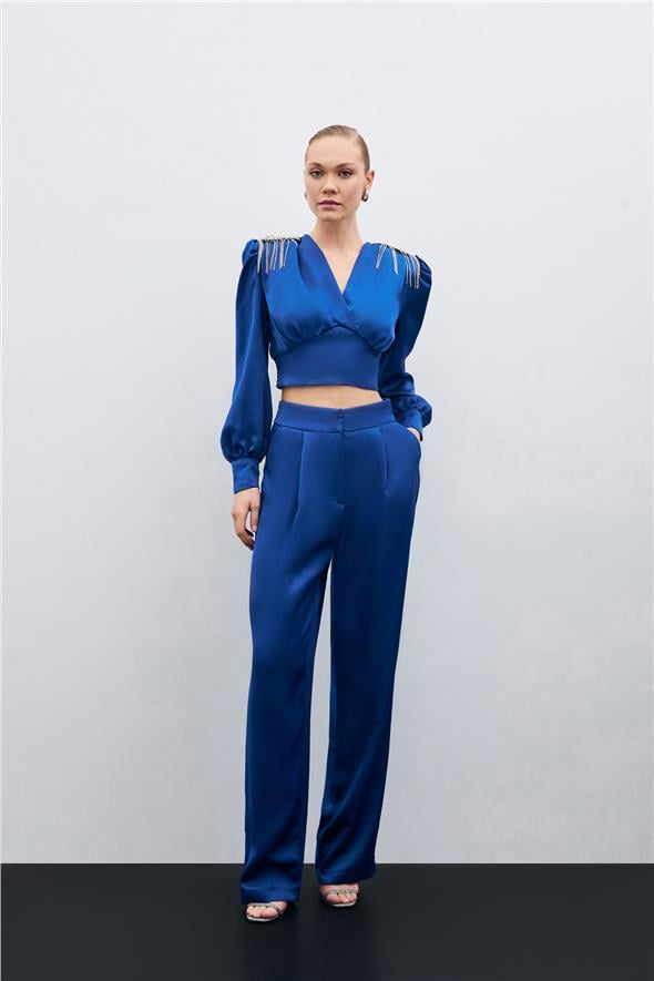 Pileli Saten Krep Pantolon - İndigo