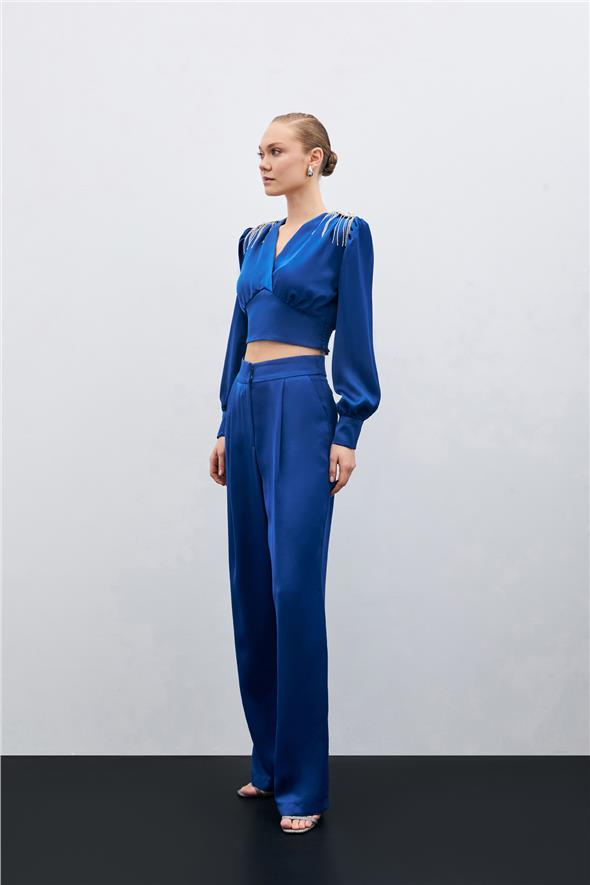 Pileli Saten Krep Pantolon - İndigo