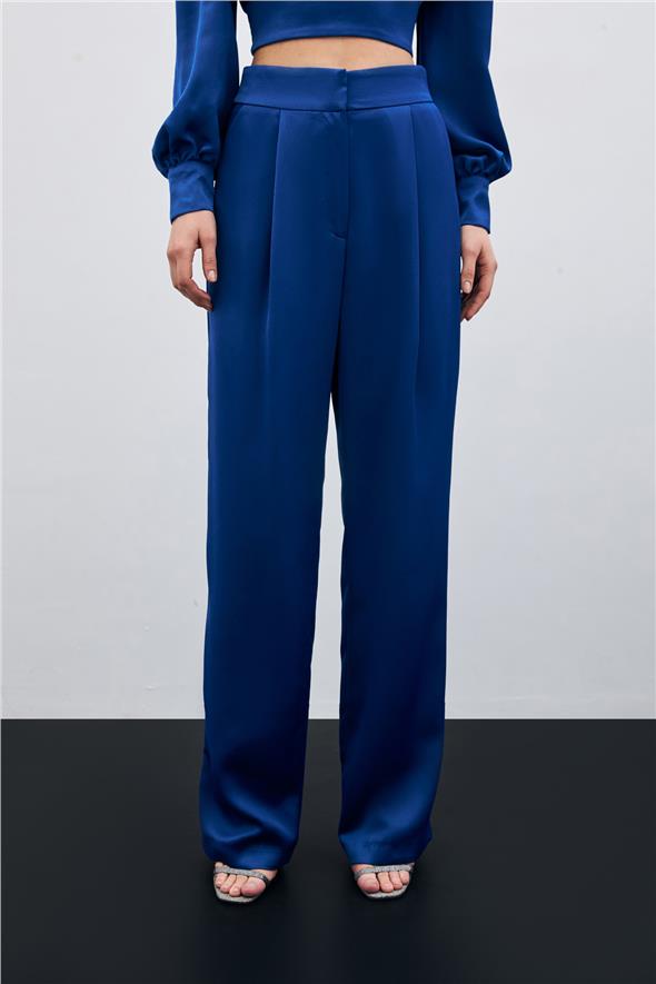 Pileli Saten Krep Pantolon - İndigo